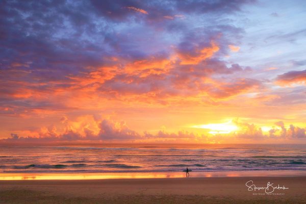 tequila orange sunrise clouds surfer beach gold coast